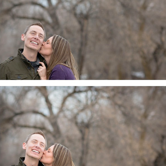 An image of a couple kissing in a wintery scene.  Edited using Pure Lightroom Presets Set 1.