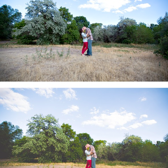 An image of a couple kissing in a large open field.  Edited using Pure Lightroom Presets set 1.