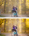 An image of a couple riding on a bicycle on a dirt road edited using Pure Lightroom Presets Set 2.