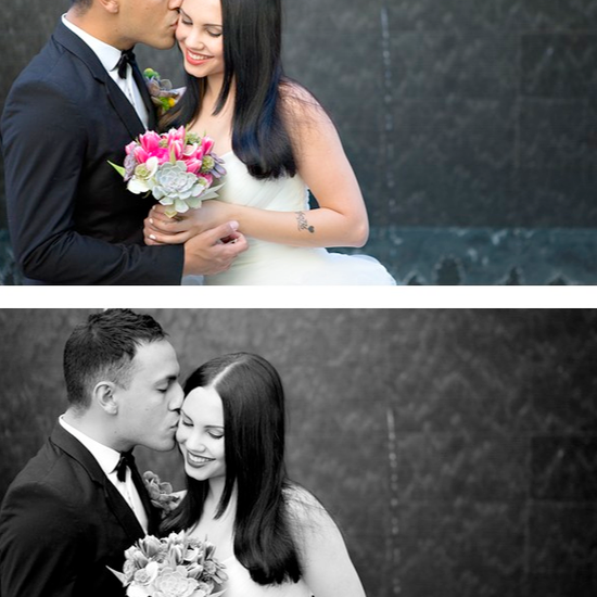 Two images of  bride and groom, one in color and one in black and white, both edited with Pure Lightroom Presets volume 2.