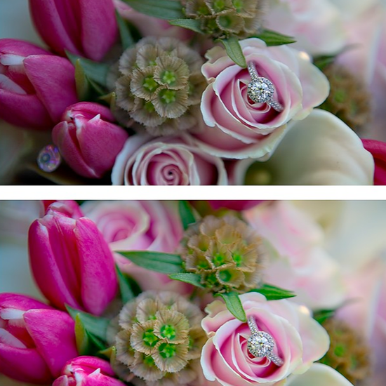 An image of a pint toned bridal bouquet with a wedding ring in the pink rose edited using the Pure Lightroom Presets Set 2.
