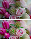 An image of a pint toned bridal bouquet with a wedding ring in the pink rose edited using the Pure Lightroom Presets Set 2.