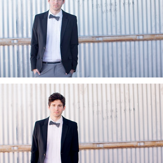 A groom standing along a metal wall edited using Pure Lightroom Presets 2.