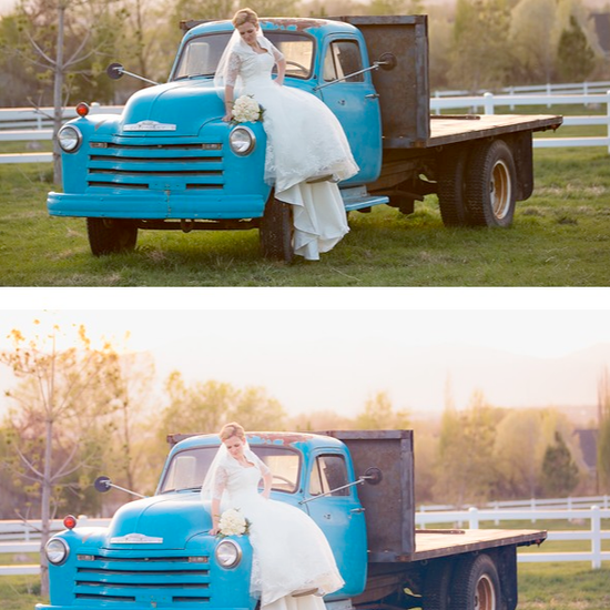 A before and after image of a bride sitting on an old blue farm truck edited using Pure Lightroom Presets set 2 