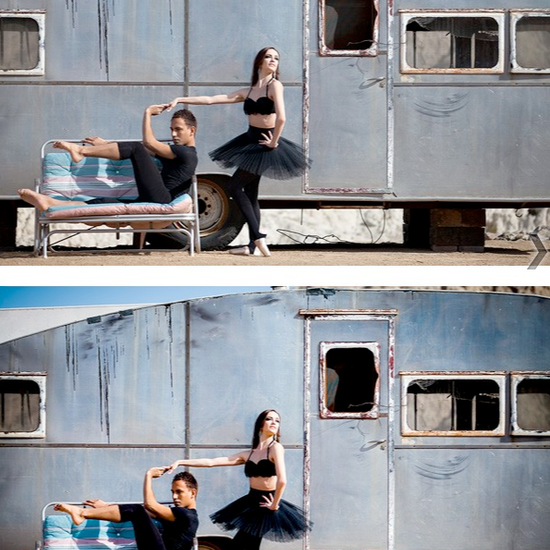 An image of two dancers in front of an old trailer edited using Pure Lightroom Presets set 1.