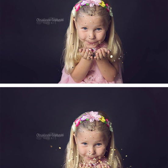 A before and after of a young girl blowing glitter with the after image showing the effects of the Pure Photoshop Glitter Overlays and Photoshop Actions with the amount of glitter in the after image significantly increased.