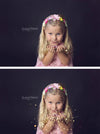 A before and after of a young girl blowing glitter with the after image showing the effects of the Pure Photoshop Glitter Overlays and Photoshop Actions with the amount of glitter in the after image significantly increased.