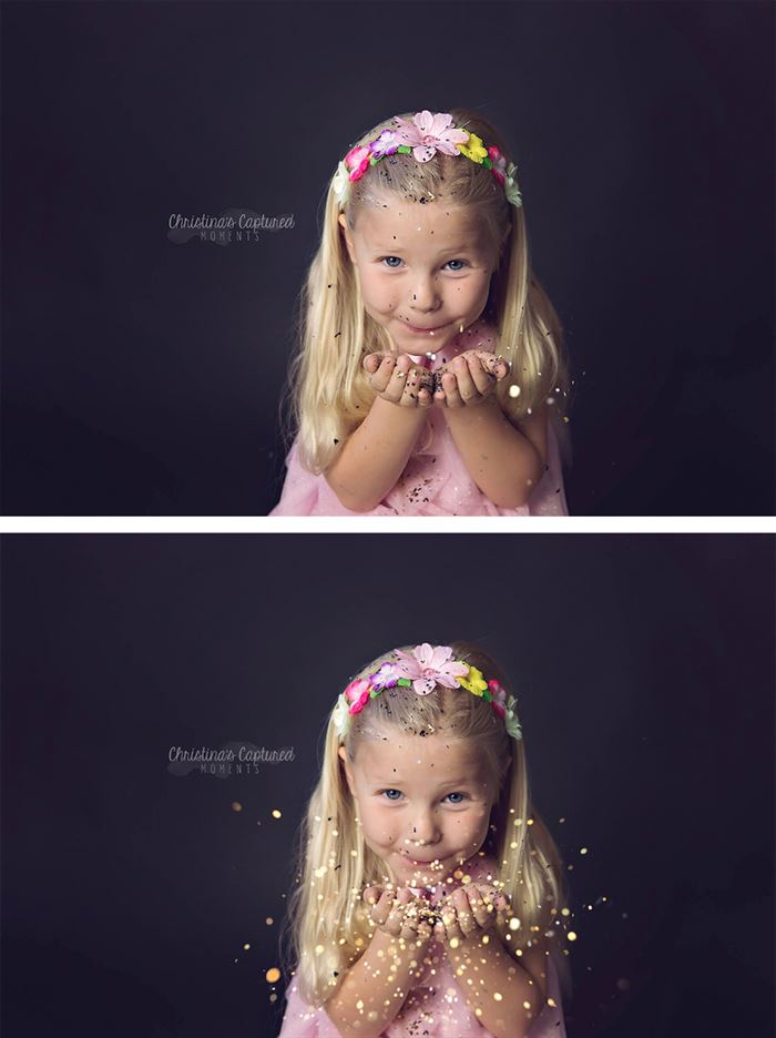 A before and after of a young girl blowing glitter with the after image showing the effects of the Pure Photoshop Glitter Overlays and Photoshop Actions with the amount of glitter in the after image significantly increased.