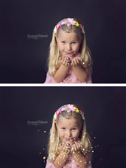 A before and after of a young girl blowing glitter with the after image showing the effects of the Pure Photoshop Glitter Overlays and Photoshop Actions with the amount of glitter in the after image significantly increased.