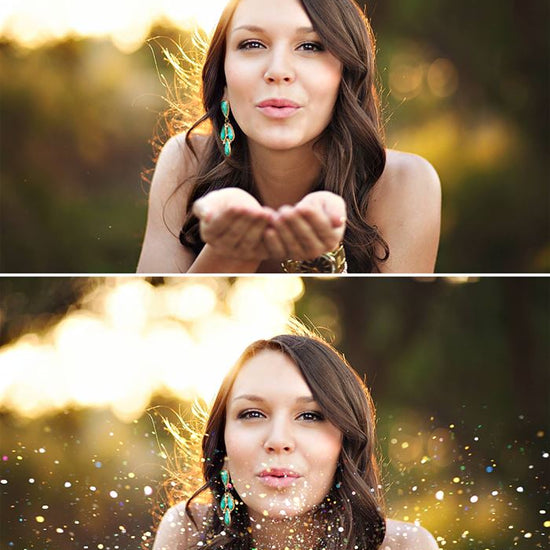 A before and after of a young woman blowing glitter showcasing the Pure Photoshop Glitter Overlays and Photoshop Actions with a large spray of glitter applied to the after image.