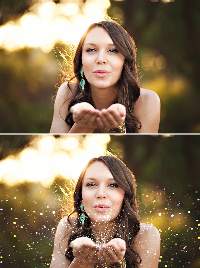 A before and after of a young woman blowing glitter showcasing the Pure Photoshop Glitter Overlays and Photoshop Actions with a large spray of glitter applied to the after image.