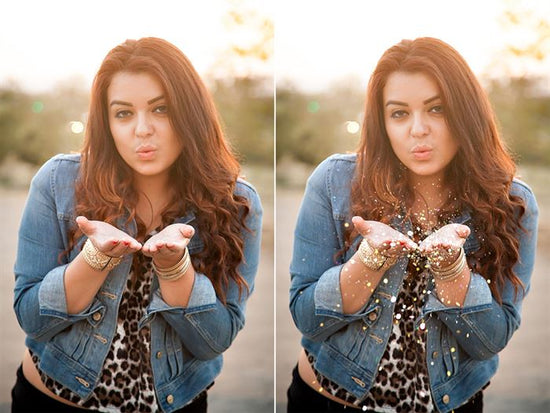 An image of a young woman blowing glitter as a before and after for the Pure Photoshop Glitter Overlays and Photoshop Actions.  In the after image you can see glitter blowing out of her open hands, where the original photo has no glitter.