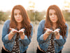 An image of a young woman blowing glitter as a before and after for the Pure Photoshop Glitter Overlays and Photoshop Actions.  In the after image you can see glitter blowing out of her open hands, where the original photo has no glitter.