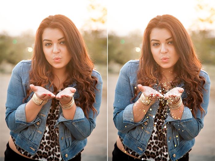 An image of a young woman blowing glitter as a before and after for the Pure Photoshop Glitter Overlays and Photoshop Actions.  In the after image you can see glitter blowing out of her open hands, where the original photo has no glitter.
