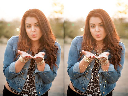 An image of a young woman blowing glitter as a before and after for the Pure Photoshop Glitter Overlays and Photoshop Actions.  In the after image you can see glitter blowing out of her open hands, where the original photo has no glitter.