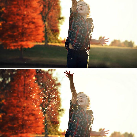 A before and after image of a young boy throwing a handful of glitter with the after image including a lot more glitter than in the original image.