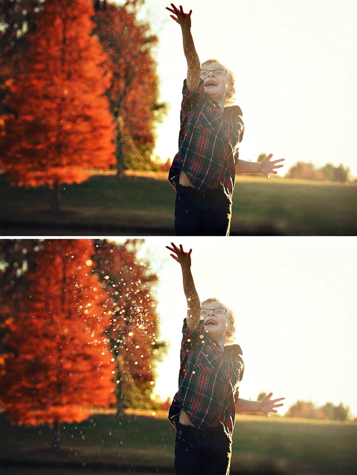 A before and after image of a young boy throwing a handful of glitter with the after image including a lot more glitter than in the original image.