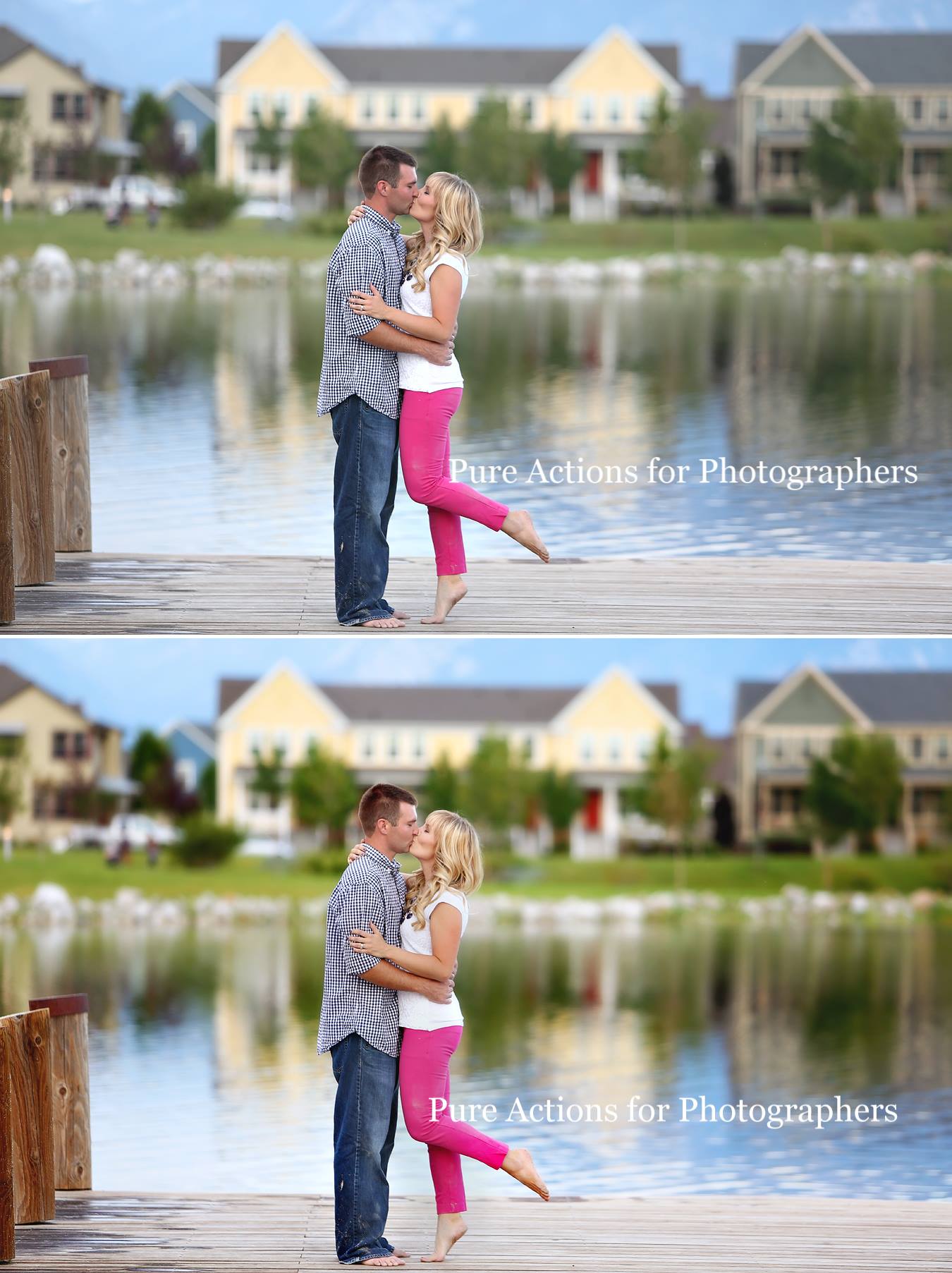 A before and after of a couple standing on a dock with the after image demonstrating the effects of the Quick Clicks Photoshop Actions or Lightroom presets as it is brighter with more color pop and contrast boost as well as a slight matte effect and looks more polished and professional.
