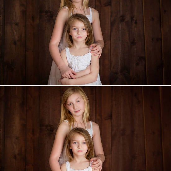 A before and after of two girls in white dresses on a wooden background showcasing the Pure Retouch technique.  The second image has visibly more even skin tones with no imperfections, white still looking reaslistic.