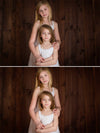 A before and after of two girls in white dresses on a wooden background showcasing the Pure Retouch technique.  The second image has visibly more even skin tones with no imperfections, white still looking reaslistic.
