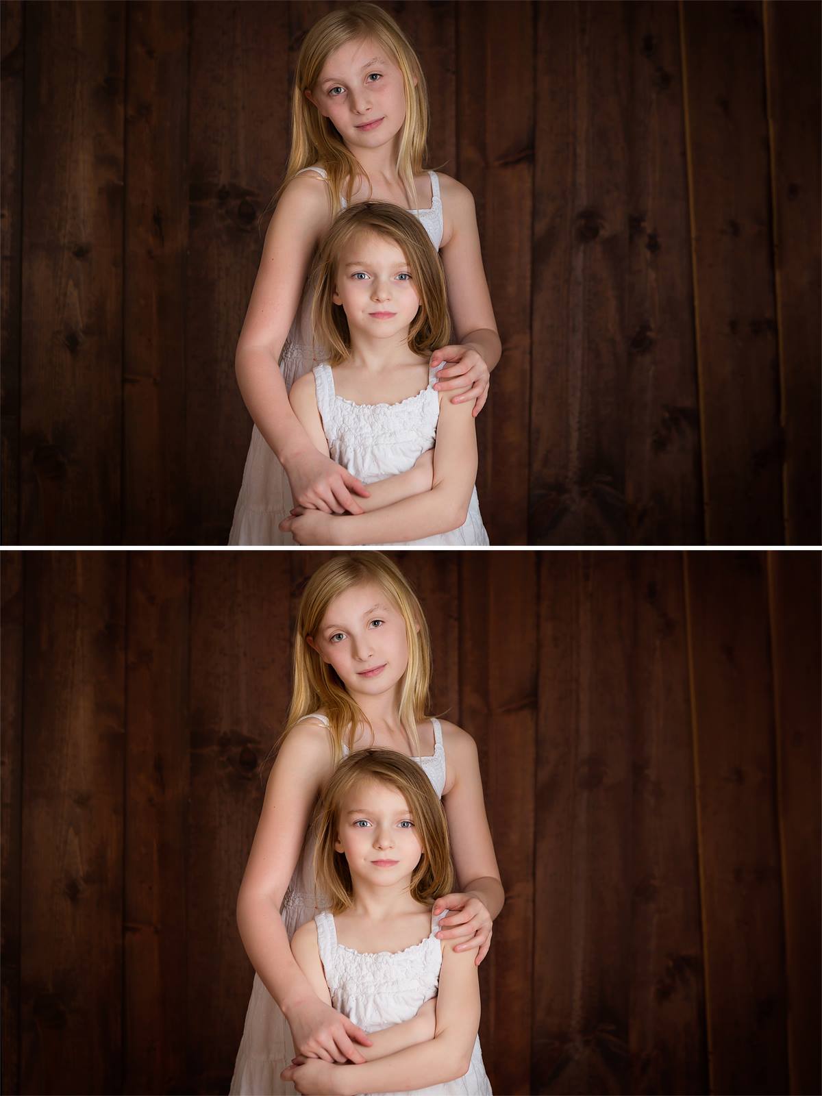 A before and after of two girls in white dresses on a wooden background showcasing the Pure Retouch technique.  The second image has visibly more even skin tones with no imperfections, white still looking reaslistic.
