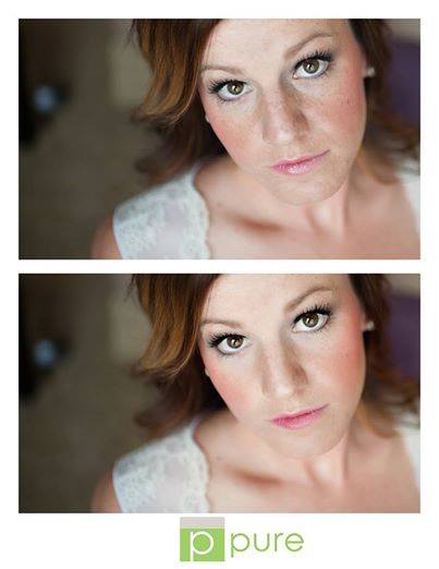 A before and after image of a close up of a a bride demonstrating the Pure Photoshop Retouch Technique. The second image has visibly softer skin with fewer blemishes, while still maintaining realistic skin texture and tone.