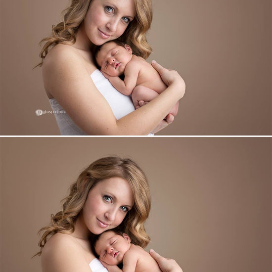 A before and after image of a woman and a newborn baby demonstrating the Pure Retouch Technique with the second image showing much smoother and brighter skin with fewer imperfections while still maintaining realistic skintone.