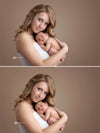 A before and after image of a woman and a newborn baby demonstrating the Pure Retouch Technique with the second image showing much smoother and brighter skin with fewer imperfections while still maintaining realistic skintone.
