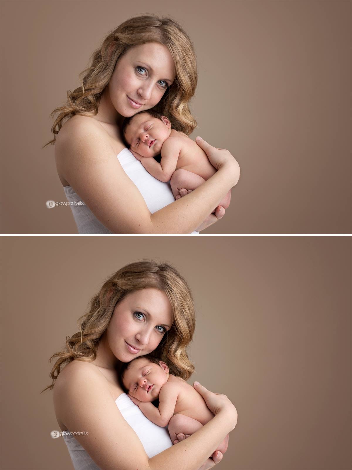 A before and after image of a woman and a newborn baby demonstrating the Pure Retouch Technique with the second image showing much smoother and brighter skin with fewer imperfections while still maintaining realistic skintone.