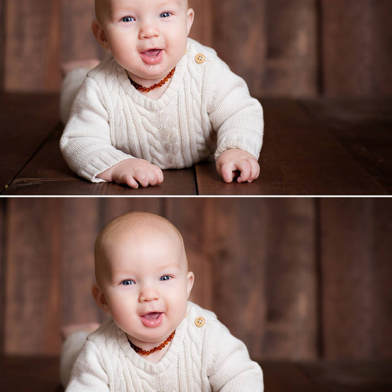 A young baby on a wooden background in a white sweater set in a before and after demonstrating the Pure Retouch Photoshop technique where the second image has much more even skin tone and the details are all more visible.