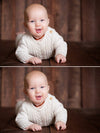 A young baby on a wooden background in a white sweater set in a before and after demonstrating the Pure Retouch Photoshop technique where the second image has much more even skin tone and the details are all more visible.