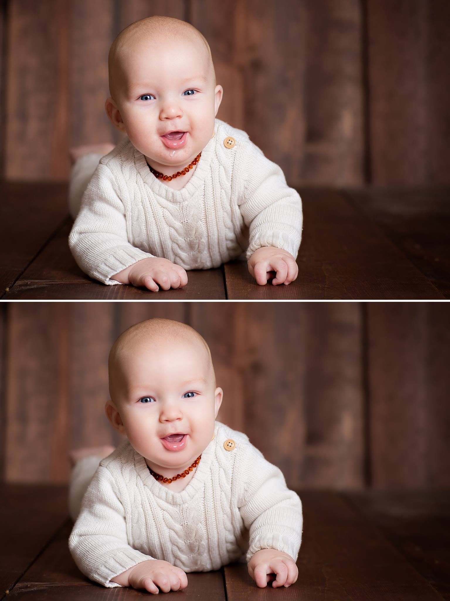 A young baby on a wooden background in a white sweater set in a before and after demonstrating the Pure Retouch Photoshop technique where the second image has much more even skin tone and the details are all more visible.