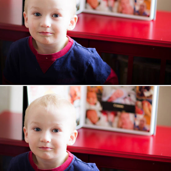 A before and after of a young boy demonstrating the Pure Retouch Photoshop technique.  The second image demonstrates a more even skin tone and fewer blown out highlights and no undereye circles.