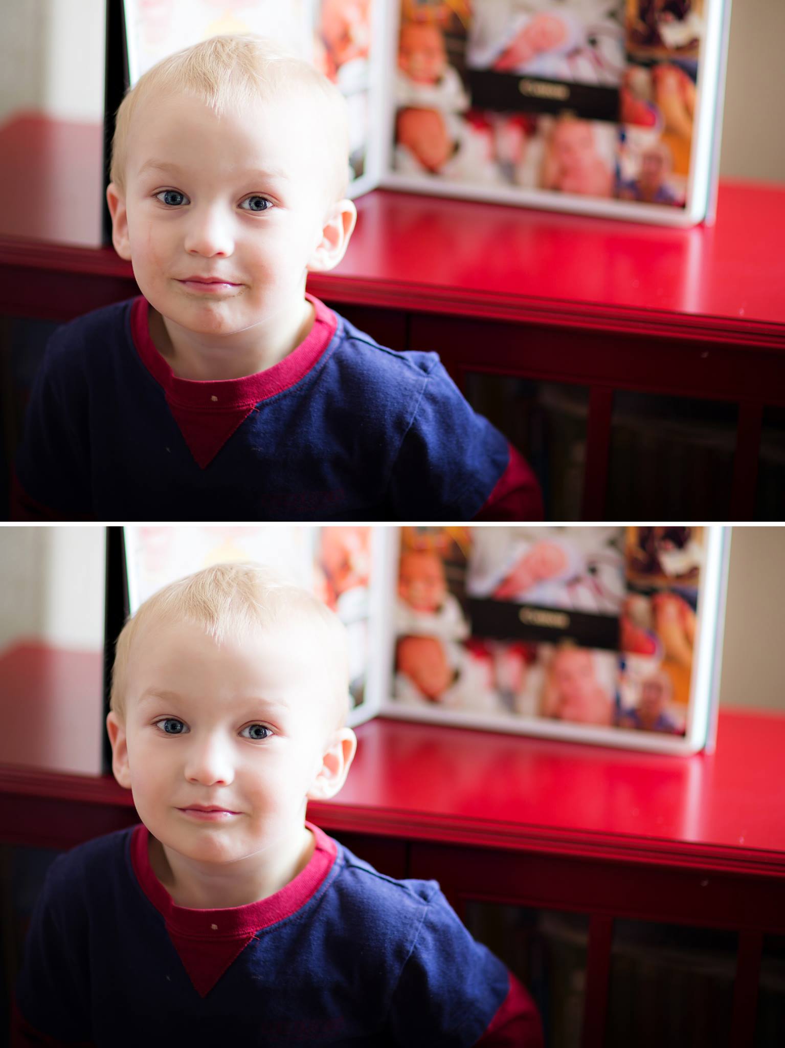 A before and after of a young boy demonstrating the Pure Retouch Photoshop technique.  The second image demonstrates a more even skin tone and fewer blown out highlights and no undereye circles.