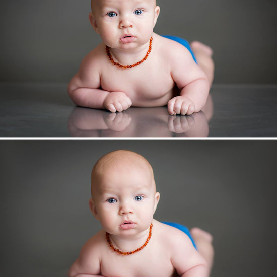 A before and after of a young baby on a gray background demonstrating the Pure Retouch Photoshop Technique.  The bottom image has a very smooth background with no lines or blemishes. The skin of the baby has very even tone, but still maintains it's realistic texture.
