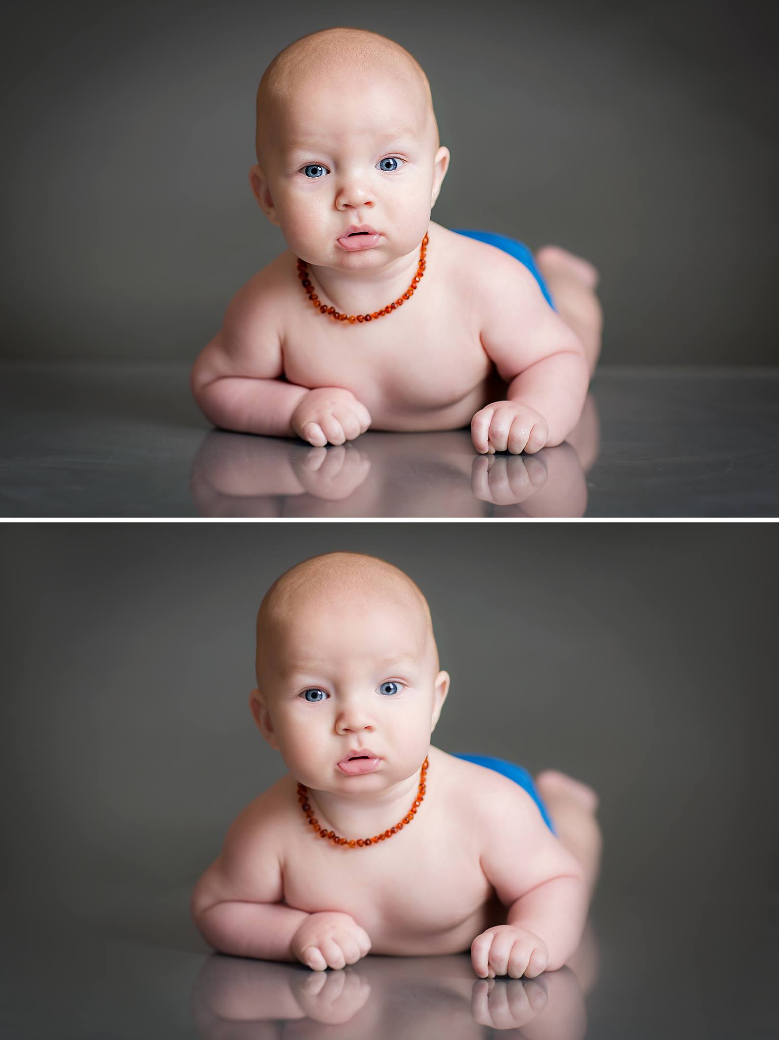 A before and after of a young baby on a gray background demonstrating the Pure Retouch Photoshop Technique.  The bottom image has a very smooth background with no lines or blemishes. The skin of the baby has very even tone, but still maintains it's realistic texture.