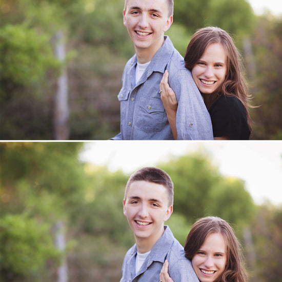 A before and after image of a couple where the second image demonstrates the effects of the Pure Retouch Photoshop technique.  Skin tone is more even and blemishes are gone, but realistic skin tone is maintained.