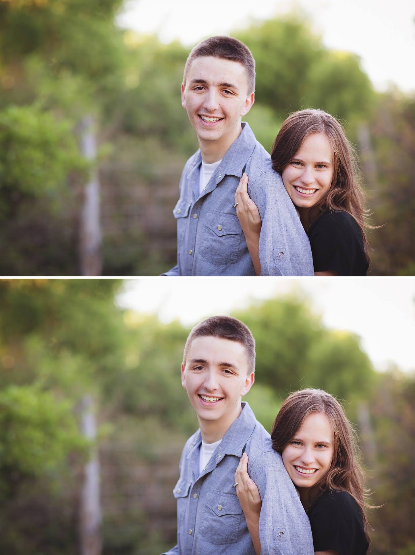 A before and after image of a couple where the second image demonstrates the effects of the Pure Retouch Photoshop technique.  Skin tone is more even and blemishes are gone, but realistic skin tone is maintained.