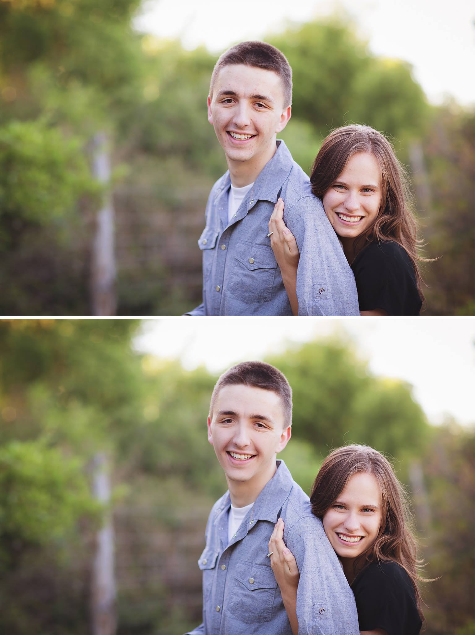 A before and after image of a couple where the second image demonstrates the effects of the Pure Retouch Photoshop technique.  Skin tone is more even and blemishes are gone, but realistic skin tone is maintained.