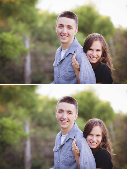 A before and after image of a couple where the second image demonstrates the effects of the Pure Retouch Photoshop technique.  Skin tone is more even and blemishes are gone, but realistic skin tone is maintained.