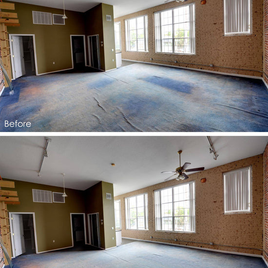 A before and after of a room with the after demonstrating how the wrinkles in the carpet are removed without looking unrealistic.