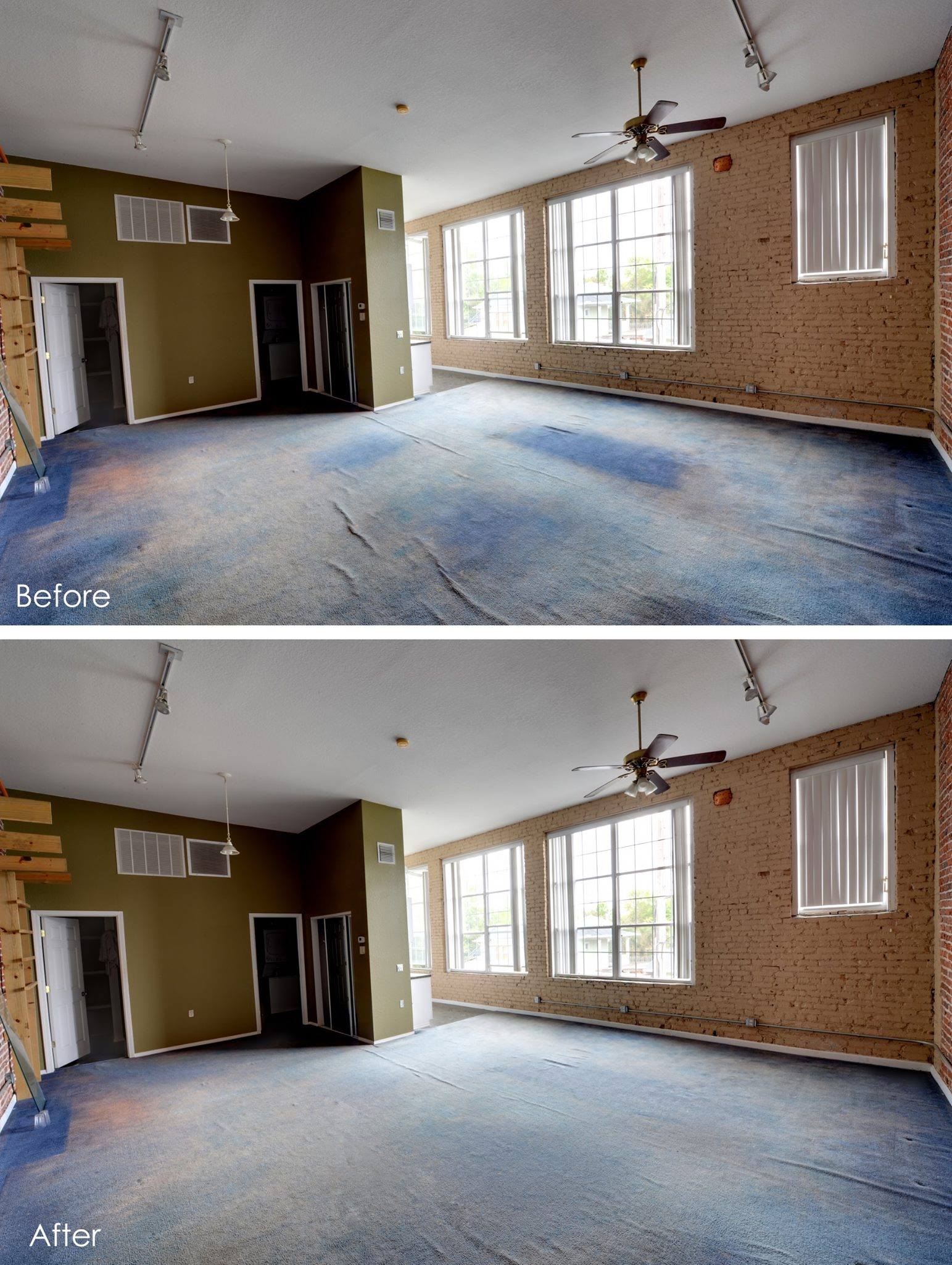 A before and after of a room with the after demonstrating how the wrinkles in the carpet are removed without looking unrealistic.