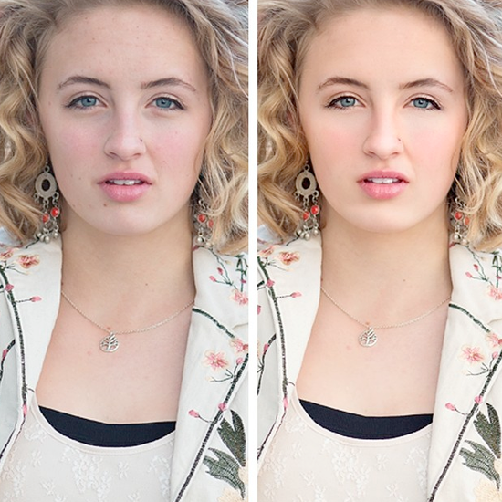 A before after image of a young woman looking directly into the camera.  The before after demonstrates the effects of the Pure Retouch Photoshop technique.  The second image has visibly smoother skin with more even tone and no blemishes but it still maintains a realist skin texture.