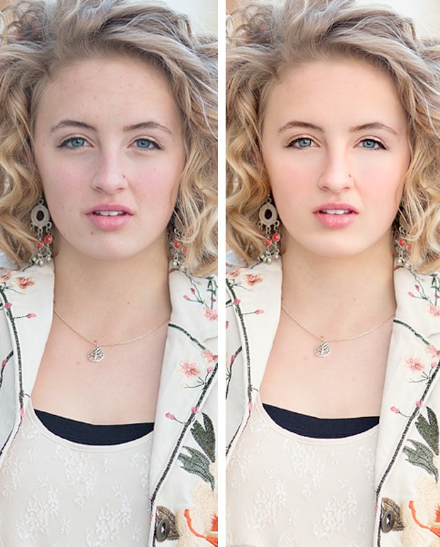 A before after image of a young woman looking directly into the camera.  The before after demonstrates the effects of the Pure Retouch Photoshop technique.  The second image has visibly smoother skin with more even tone and no blemishes but it still maintains a realist skin texture.