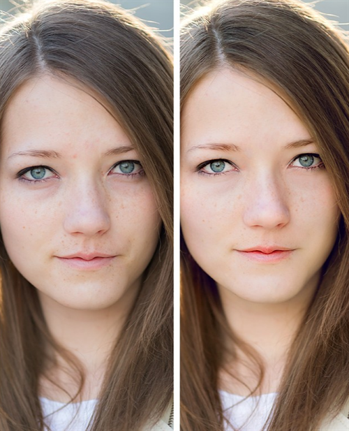 A before and after image of a young woman demonstrating the Pure Retouch Photoshop Technique.  The second image has visibly smoother skin with more even skin tone and no blemishes while still maintaining realistic skin tone and texture, as well as freckles.  