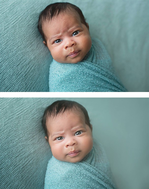 A before and after image of a newborn baby swaddled on a blue blanket background.  The after image demonstrates the effects of the Pure Retouch Photoshop Technique.  The blanket has no wrinkles and the skin tone of the baby is more even with no studio light hot spots and no blemishes while maintaining a realistic tone and texture of skin.