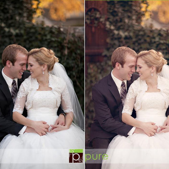 Before and After photos of a bride and groom sitting in front of ivy.  The after image was edited in a warm pink dreamy way.