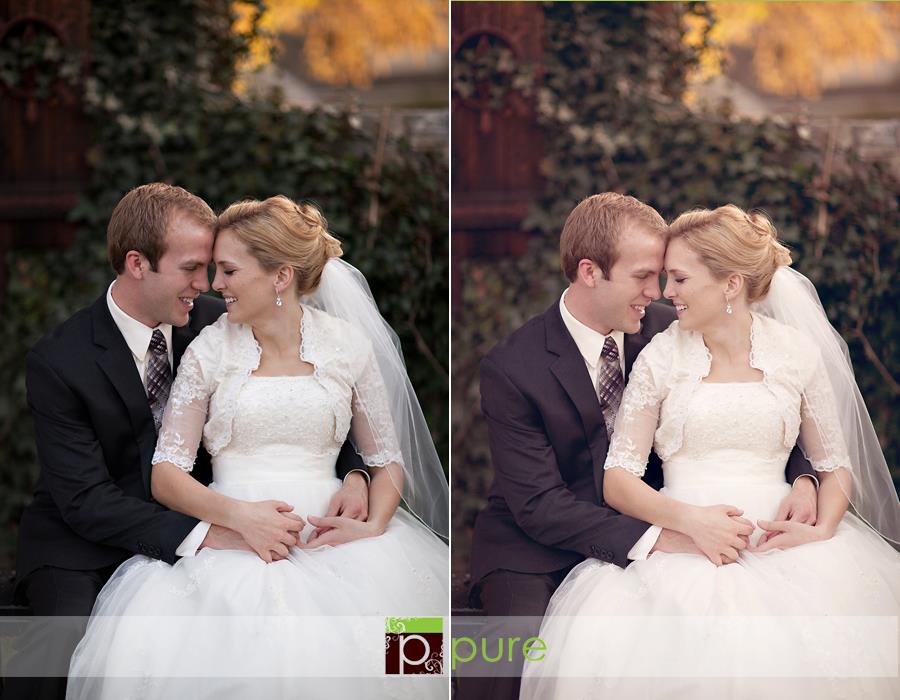 Before and After photos of a bride and groom sitting in front of ivy.  The after image was edited in a warm pink dreamy way.