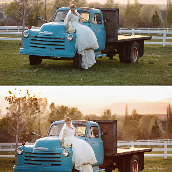 A before and after image of a bride sitting on the hood of an old fashioned blue truck.  The after image is rosy and warm and dreamy.