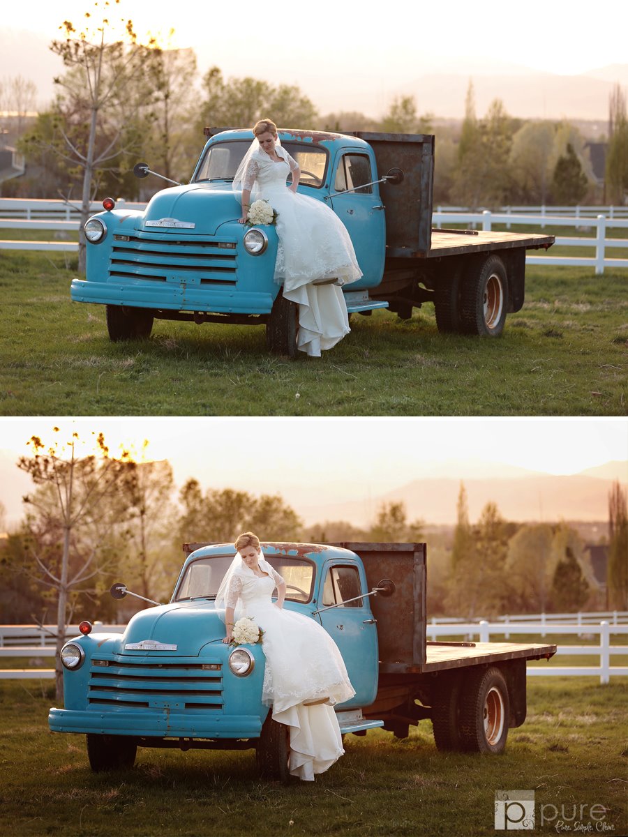 A before and after image of a bride sitting on the hood of an old fashioned blue truck.  The after image is rosy and warm and dreamy.